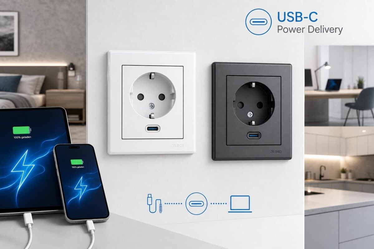 USB-C in der Wand: Steckdosen mit Ladefunktion von Gira, Jung und Busch-Jaeger – USB-C Wandsteckdose Jung alpinweiß mit integriertem USB Power Delivery Ladeport für Smartphones und Tablets