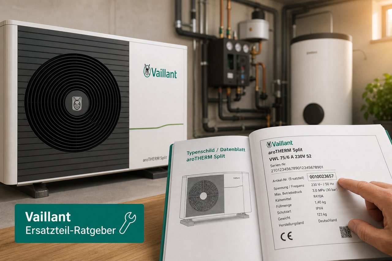 Vaillant-Ersatzteil finden: Ersatzteilnummer entschlüsseln und das richtige Teil bestellen – Vaillant Heizungswärmepumpe aroTHERM Split mit Typenschild und Ersatzteilnummer im Heizungsraum