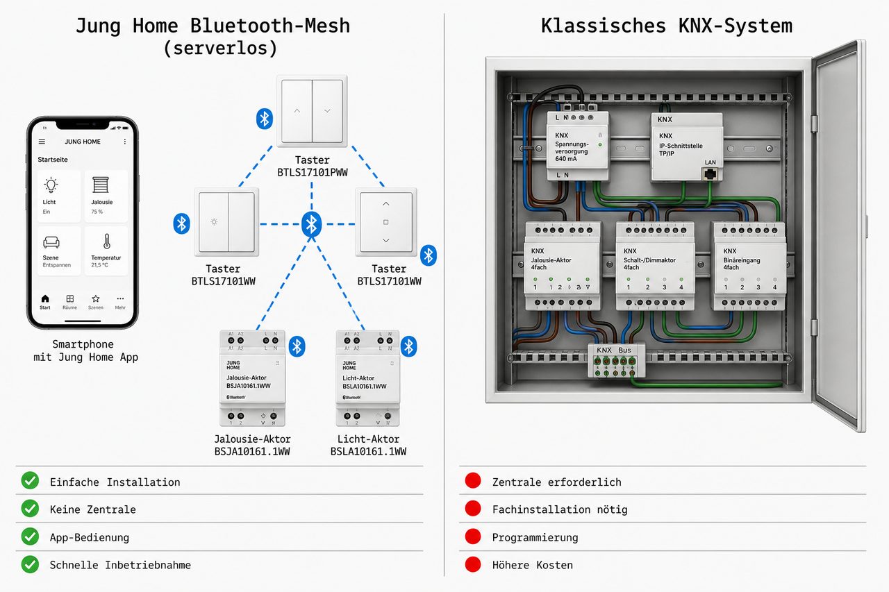 Vergleich Jung Home Bluetooth-Mesh vs. klassisches KNX-System — Architektur und Anforderungen