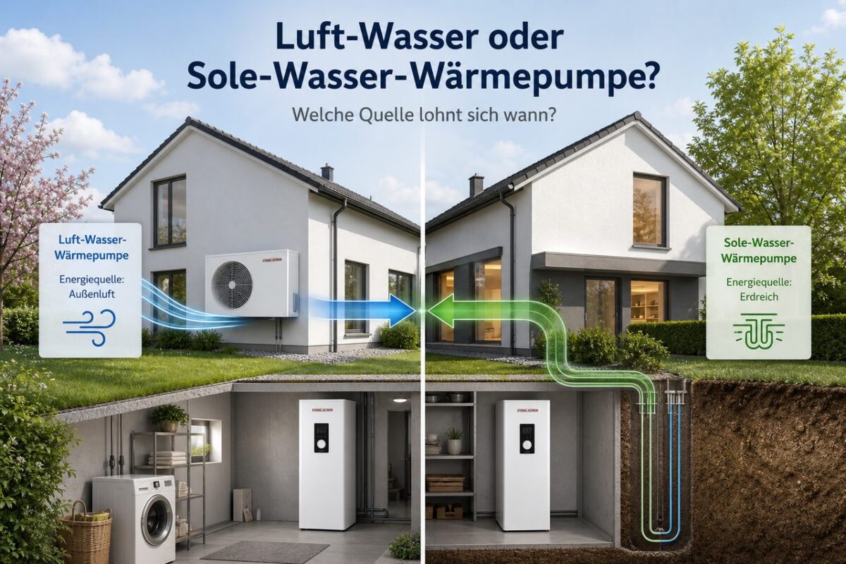Luft-Wasser oder Sole-Wasser-Wärmepumpe: Welche Quelle lohnt sich wann? – Vergleich Luft-Wasser und Sole-Wasser-Wärmepumpe: zwei Häuser mit unterschiedlichen Wärmequellen und Energieflüssen