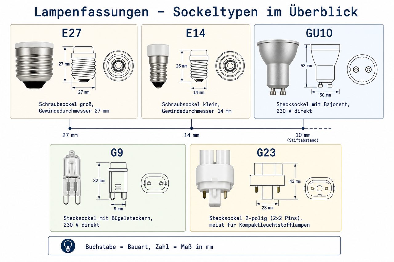 Vergleichsdiagramm der Lampenfassungen E27, E14, GU10, G9 und G23 mit technischen Zeichnungen und Beschreibungen