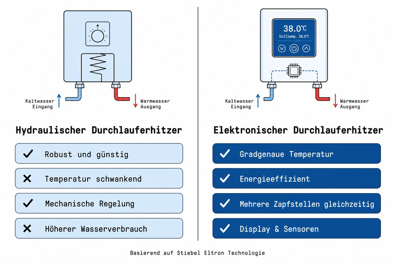 Vergleichsdiagramm hydraulischer vs. elektronischer Durchlauferhitzer mit Merkmalen und Eigenschaften