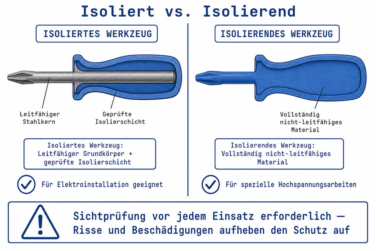 Vergleichsdiagramm isoliertes vs. isolierendes Elektrowerkzeug mit Querschnitten und Sicherheitshinweisen
