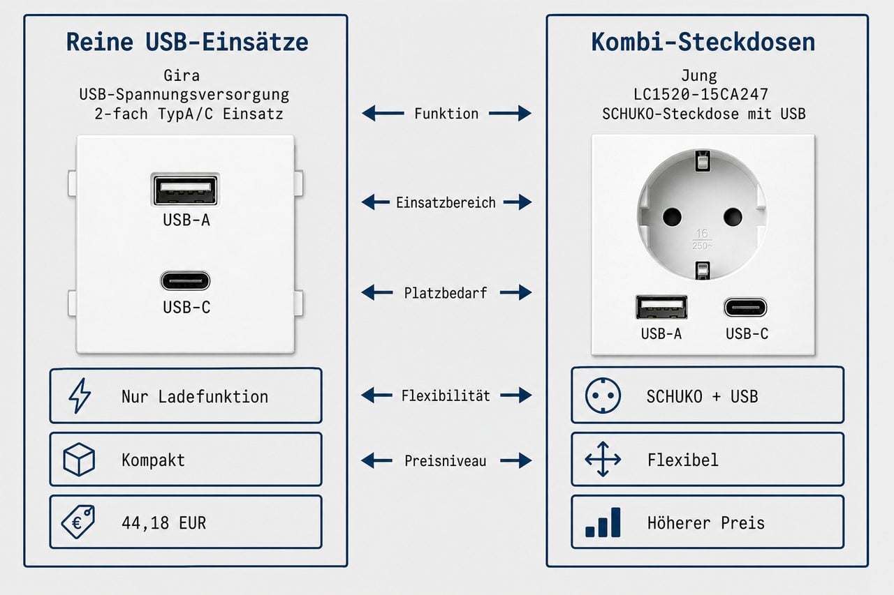 Vergleichsdiagramm: Reine USB-Einsätze vs. Kombi-Steckdosen mit Merkmalen und Preisen