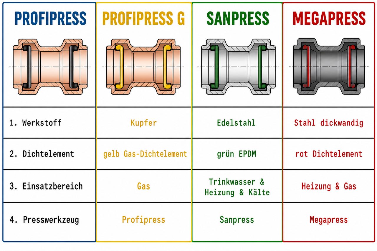 Vergleichstabelle Viega Presssysteme: Profipress, Profipress G, Sanpress, Megapress mit Werkstoff, Dichtelement, Einsatzbereich und Werkzeug