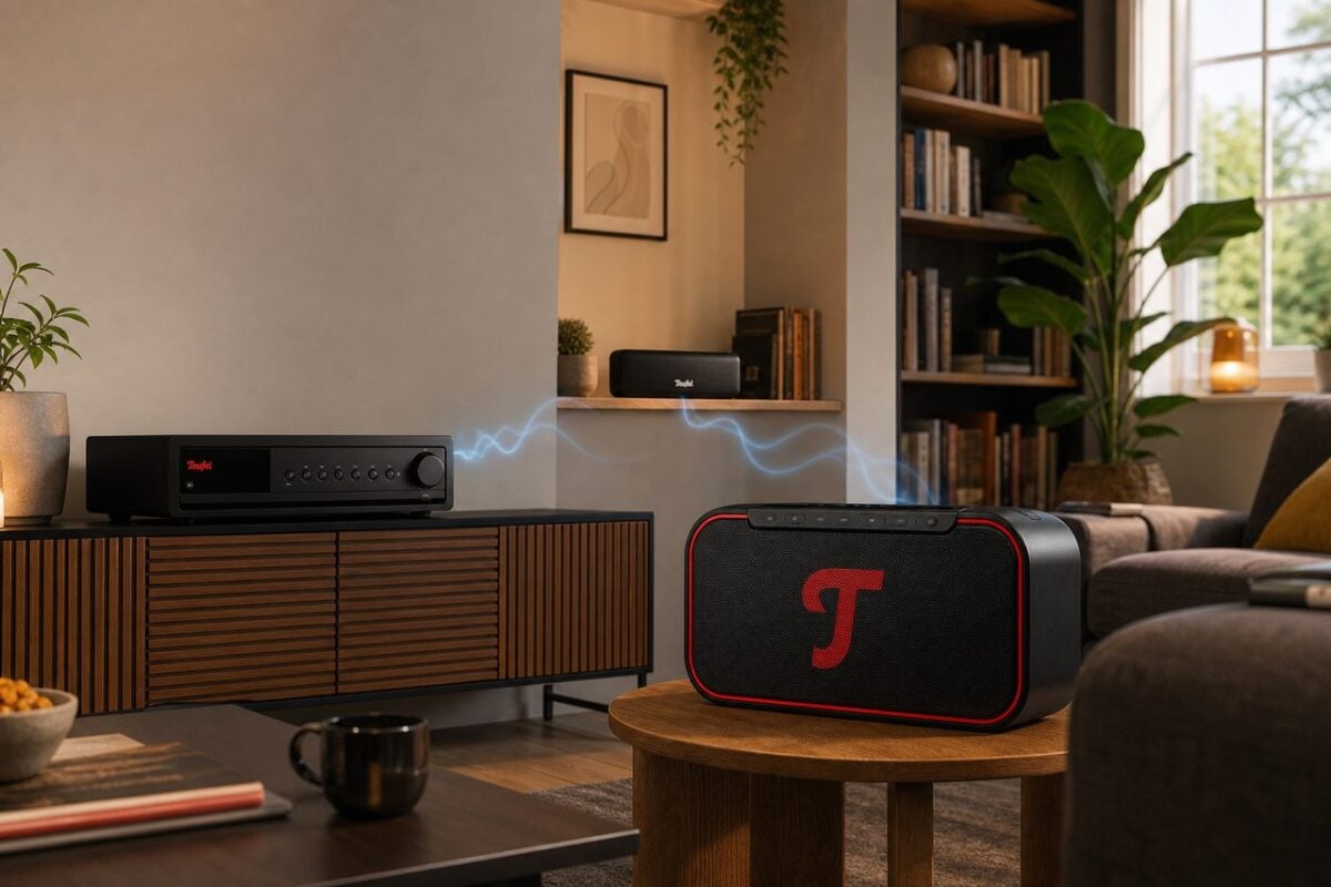 Multiroom-Audio fürs ganze Haus planen: Streaming in Wohnzimmer, Küche und Bad – Wohnzimmer mit Teufel Multiroom-Audio-Setup: KOMBO 62 Mk2 Receiver, ROCKSTER NEO und ROCKSTER AIR 2 Lautsprecher in realistischer Anordnung