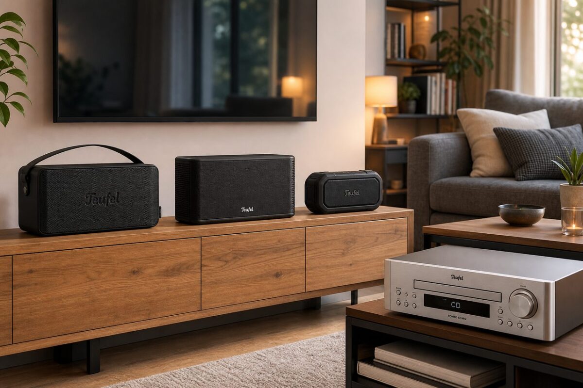 Besserer TV-Klang: Soundbar, Soundbase oder 5.1-Set von Teufel? – Wohnzimmer mit vier Teufel-Audiosystemen: MYND Speaker, EFFEKT 2 Speaker, ROCKSTER GO 2 und KOMBO 62 Mk2 CD-Receiver für besseren TV-Klang