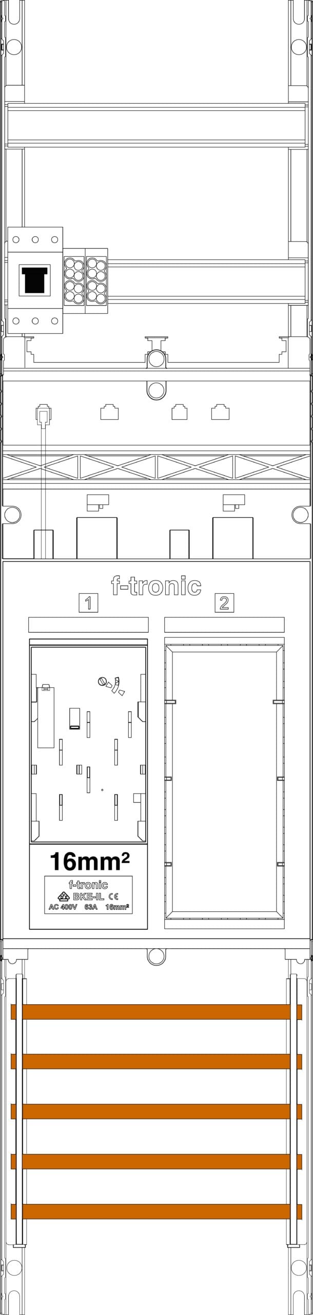 F-TRONIC Komplettfeld 63A 1Z 1R eHZ ER6DS-16L-HSP mit Verdr 1050x250mm SS_5p
