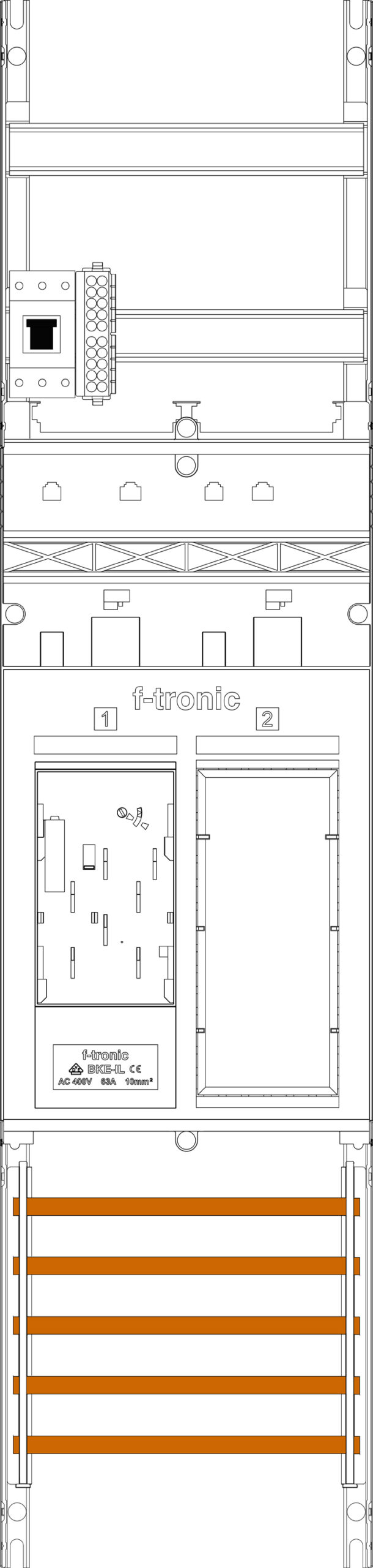 F-TRONIC Komplettfeld 63A 1Z eHZ mit Verdr ER6L-HSP 1050x250mm SS_5p 300mm TSG