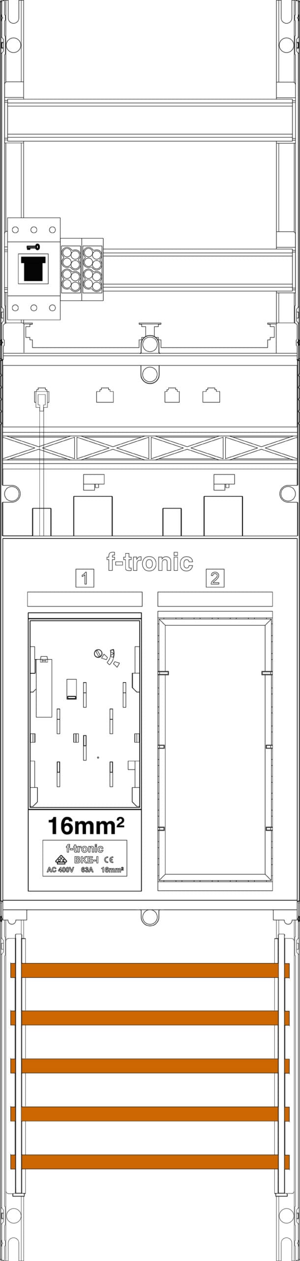 F-TRONIC Komplettfeld 63A 1Z 1R eHZ ER6DS-16-HSS mit Verdr 1050x250mm SS_5p