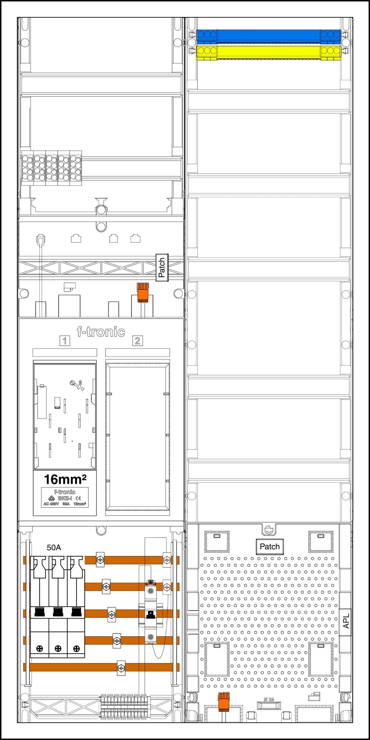 F-TRONIC Komplettschrank Aufputz 1Z eHZ 2Feld EHZ721APZ50B6-16 IP31 16qmm SS_5p