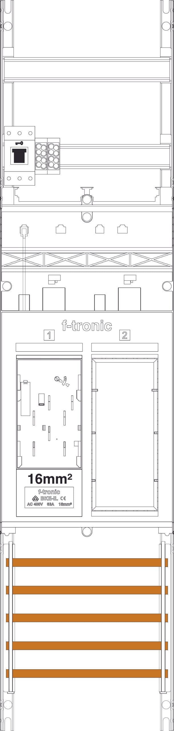 F-TRONIC Komplettfeld 63A 1Z 1R eHZ ER6DS-16L-HSS mit Verdr 1050x250mm SS_5p