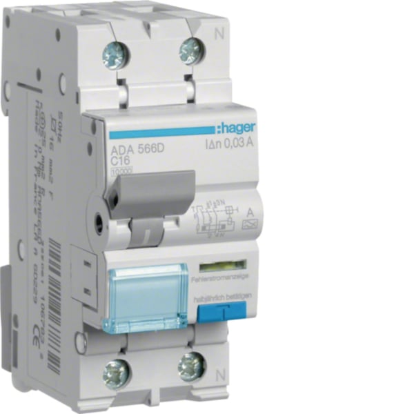 HAGER FI/LS-Schutzschalter C16 1p+N A 1p ADA566D 0,03A 2TE 240V